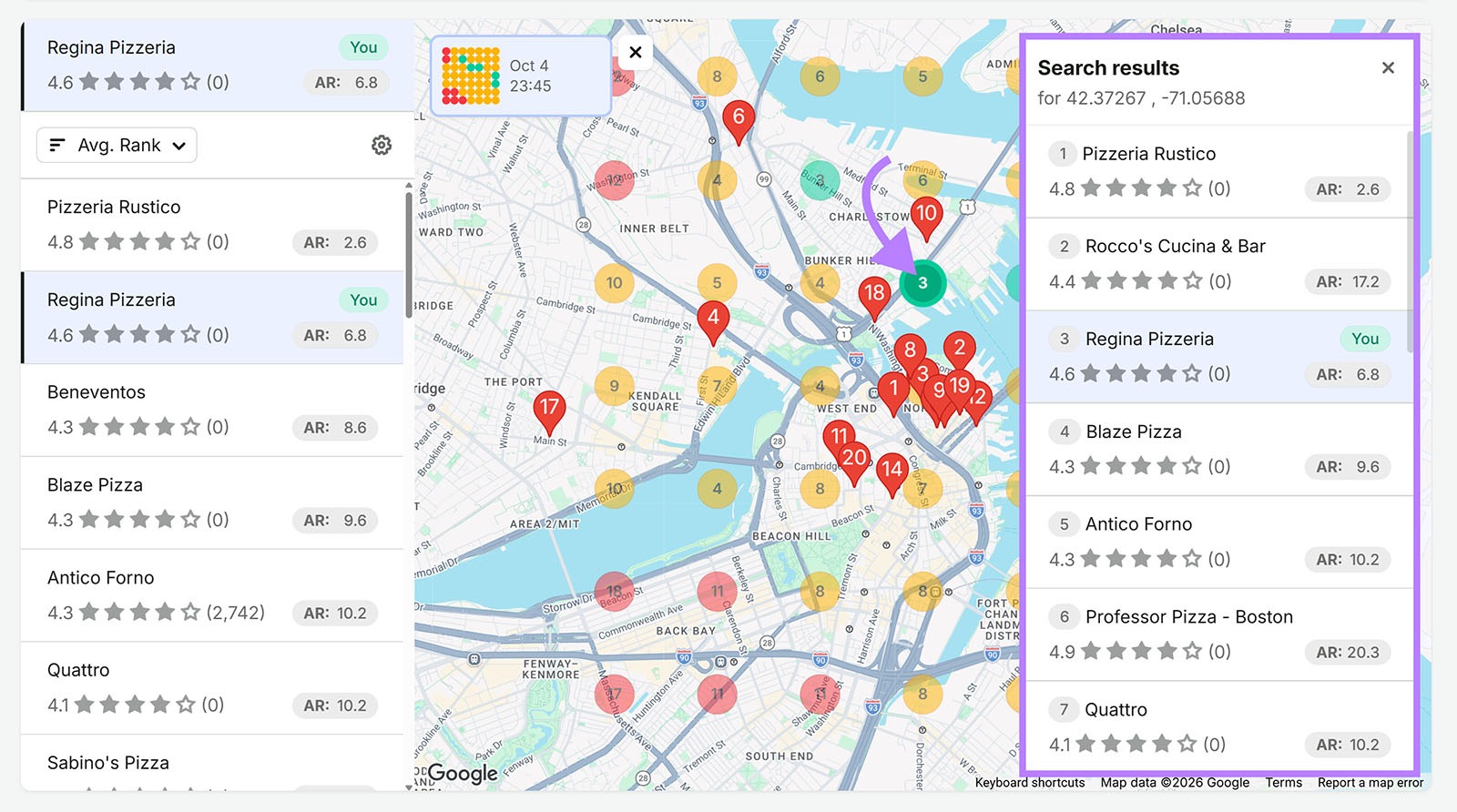 Semrush Map Rank Tracker showing local competitors and search results for a selected map point in Boston