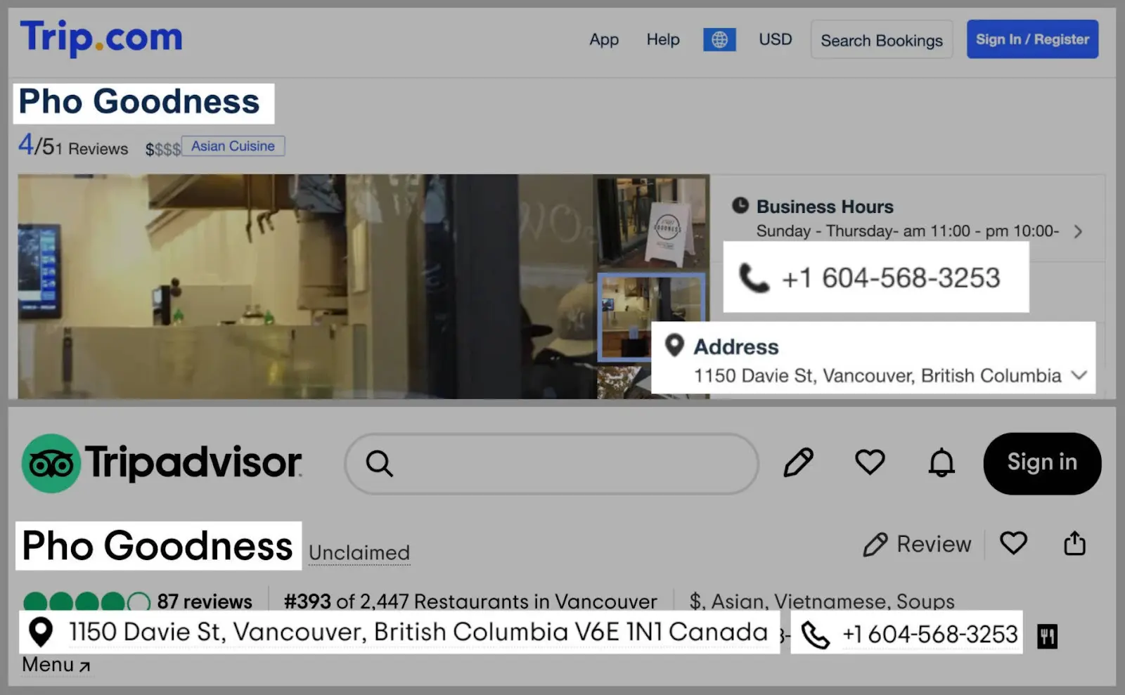 Trip.com and Tripadvisor listings for Pho Goodness highlighting matching business name, address, and phone number