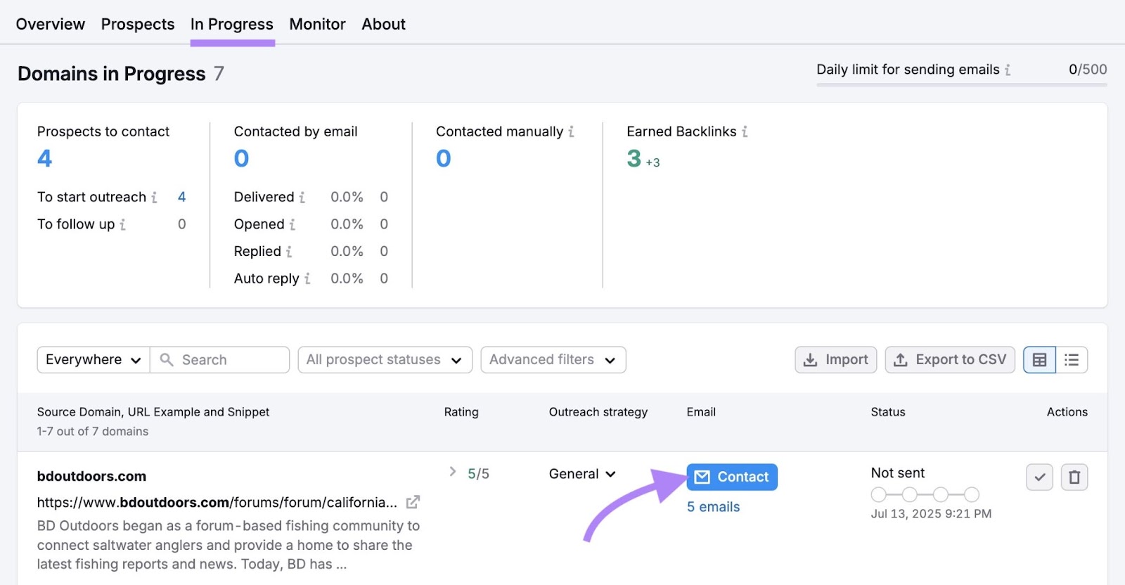 “In Progress” tab on the Link Building Tool with "Contact" next a prospect clicked.
